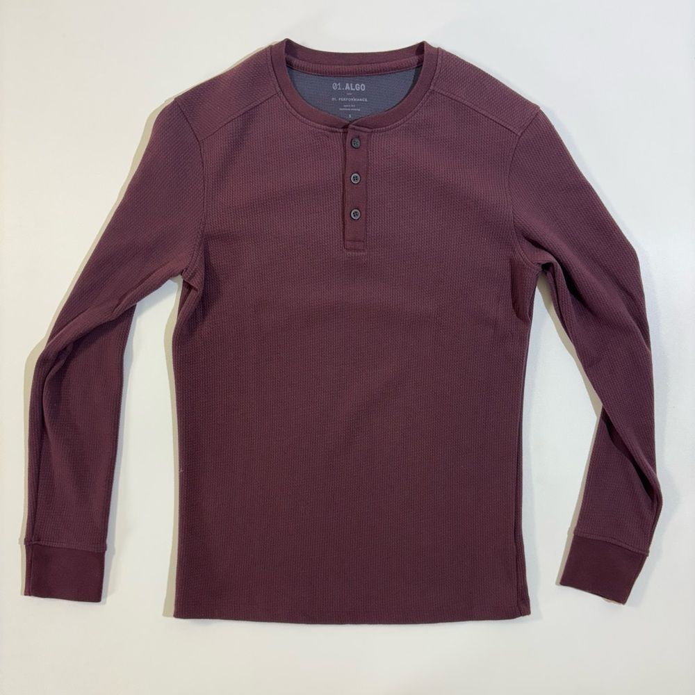 01.Algo Men's Maroon Long Sleeve Henley Shirt - Small